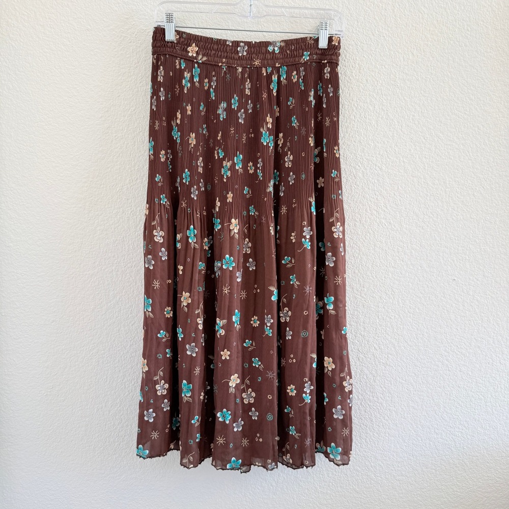 Brown Floral Micro Pleated Tiered Midi Skirt Turquoise Flowers Lettuce Hem - Picture 1 of 7